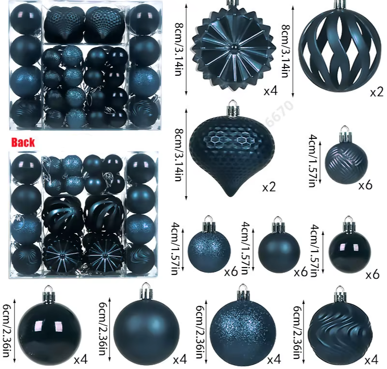 48er Set Hohl-Weihnachtskugeln – 4/6/8 cm, Einzigartige Formen für Baum & Festliche Dekoration 2025